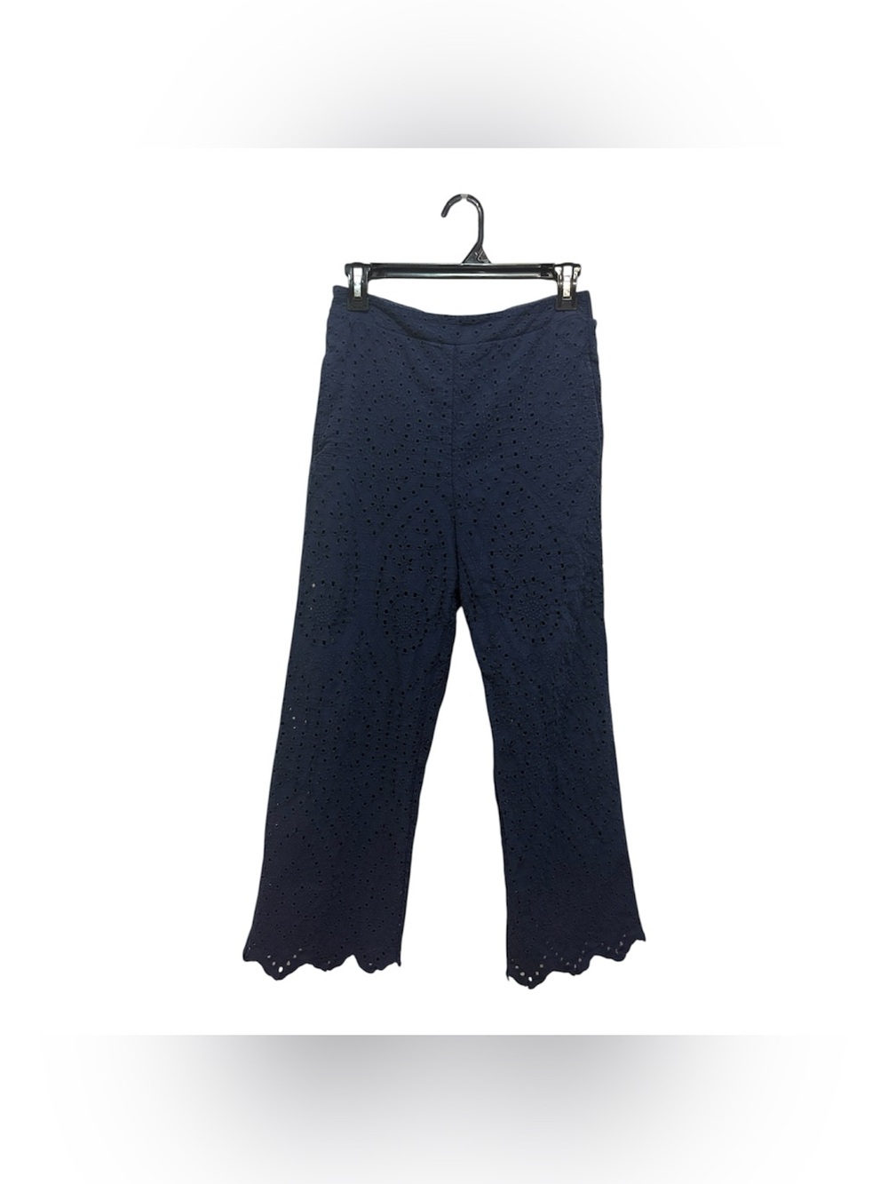 Adiva Chic Boho Navy Eyelet Wide-Leg Pants with Scalloped Hem Cropped Culottes